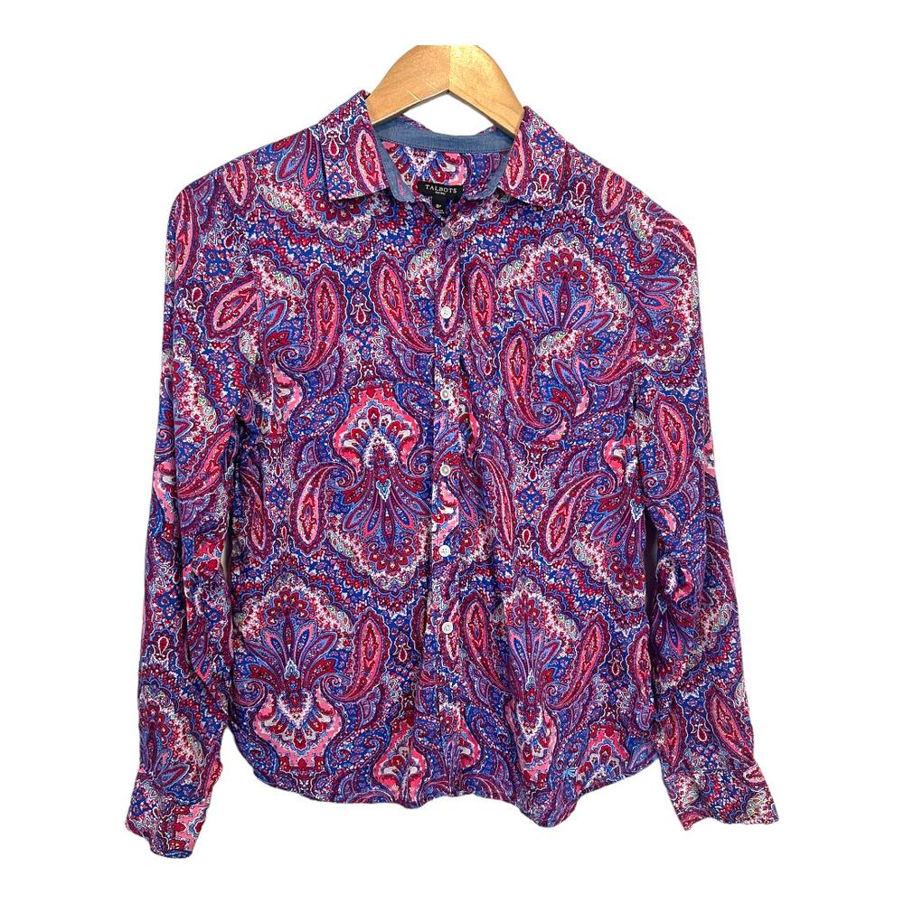 Talbots Paisley Button Down Shirt Top Blouse 8P P8 8 Petites MP PM Pink Blue
